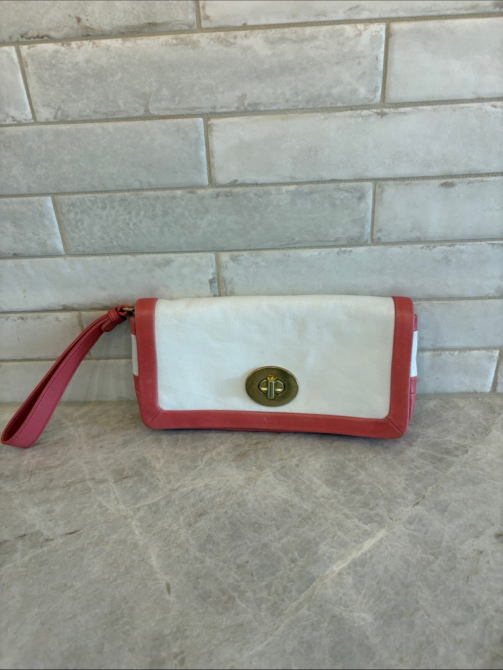 Coach White and Coral Leather Wristlet Clutch with Turn-Lock
